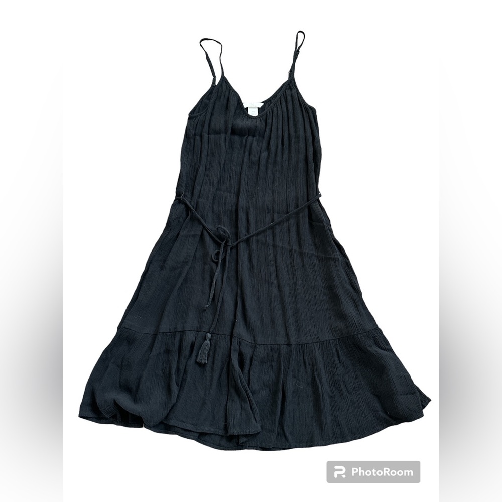 H&M LOGG Line Women’s Classic Black Midi Gauze Boho Dress Tassel Tie Size Small - Picture 4 of 13